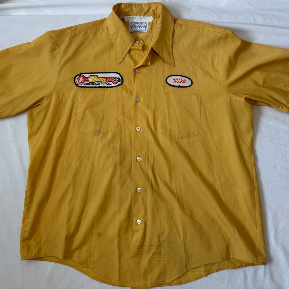 Vintage 90s Mustard Yellow Men's Car Service Shirt with Embroidered Patches